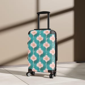 Suitcase, Vintage Teal Luggage with Pink Flower Pattern, Retro Travel Bag, Floral Suitcase, Cute Carry-On, Traveler Gift