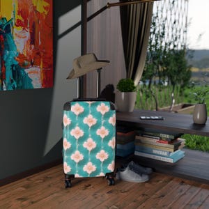 Retro Aqua Teal and Pink Flowers Hard Shell Suitcase, Travel Luggage, Floral Suitcase, Vintage Traveler Gift, Vacation Accessories, Suitcase