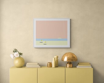 May include: A framed print of a minimalist beach scene with a pink sky, blue water, and yellow umbrellas. The print is hanging on a light beige wall above a yellow dresser with a vase of white flowers, books, and a gold lamp.