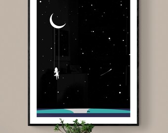 May include: A black framed print with a white crescent moon and stars on a black background. A white silhouette of a person is swinging from the moon. The bottom of the print has a blue and teal horizon line.