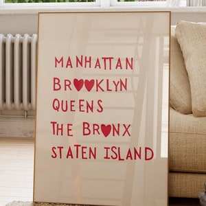 Impression tendance New York affiche mignonne New York arrondissements de New York impression art mural rouge New York City impression voyage NYC impression typographie coeur impression téléchargement numérique