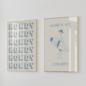 Retro Cowboy Drucke Blau Western Wand Kunst Wilder Westen Poster Küsten Cowboy Kunst Vintage Surfer Wohnkultur Digital Download 2er-Set Drucke