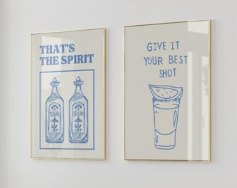 Blue Bar Cart Prints: Modern Kitchen Wall Art (Digital Download Set of 2)