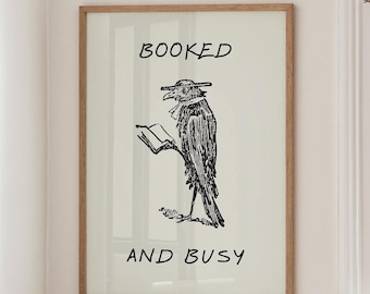 Lustige Krähe lesen Kunstdruck, Vintage Bücherregal Dekor (digitaler Download)