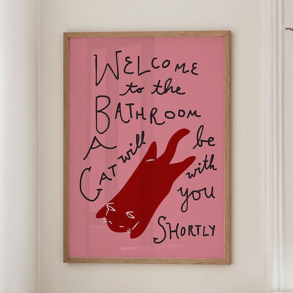 Funny Cat Bathroom Print, Pink Bathroom Decor, Quirky Cat Wall Art (Digital Download)