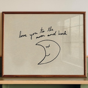 Love You To The Moon And Back-print: neutrale, handgetekende poster (digitale download, horizontaal)