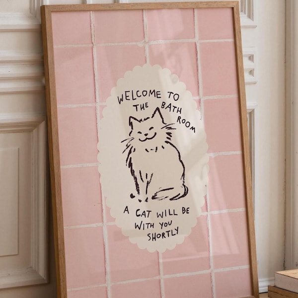 Funny Cat Bathroom Print, Pink Bathroom Decor, Quirky Cat Wall Art (Digital Download)