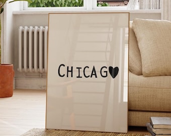 Impresión tipográfica Chicago Heart: Arte mural minimalista urbano (descarga digital)