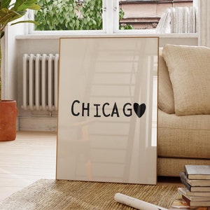 Chicago print hart typografie muur kunst Chicago IL poster home stad print Chicago Wall Art Chicago Illinois cadeau digitale download 1 print
