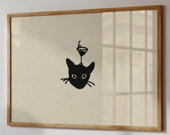 Black Cat Cocktail Print: Minimalist Bar Cart Wall Art, Trendy Kitchen Decor (Digital Download, Horizontal)
