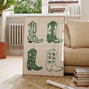 Cowboy Boots Print Western Art Print Minimalist Western Poster Green Western Wall Art Wild West Print Retro Art Digital Download 1 Print