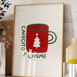 Boże Narodzenie Kawa Wydruk Cafecito y Chisme Plakat Świąteczny Wystrój Kuchni Nowoczesny Meksyk Sztuka Wózek Kawowy Wydruk Hiszpański Cyfrowe Pobieranie 1 Wydruk