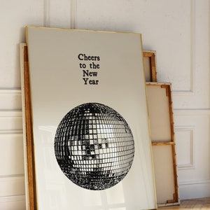 Póster minimalista de bola de discoteca para Año Nuevo, decoración moderna de Año Nuevo, arte de pared con bola de discoteca, decoración de pared navideña retro, descarga digital, 1 impresión
