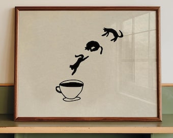 Lámina de gato con café: Arte de pared moderno para la cocina (descarga digital, horizontal)