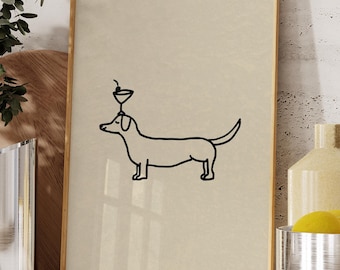 Wydruk z motywem koktajlu dla psa: Modna, neutralna dekoracja baru, ręcznie rysowana ilustracja (pobranie cyfrowe)