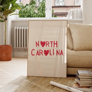 Impresión de Carolina del Norte, póster de corazón lindo, arte de pared de Carolina del Norte, póster de amor estatal, impresión de NC, decoración de Carolina del Norte, descarga digital, 1 impresión