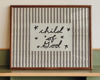 Child of God Print, Christian Nursery Decor, Neutral Striped Poster, Retro Biblical Wall Art (Digital Download, Horizontal)
