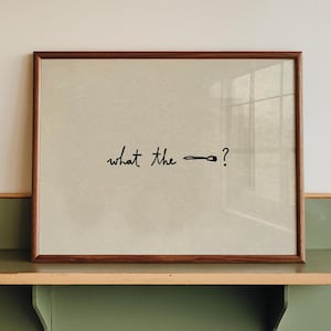 Könnte beinhalten: Ein gerahmter Druck mit dem Satz "what the --?" in schwarzer Schrift. Der Druck hat einen braunen Holzrahmen und liegt auf einem zweistufigen, grünen und beigefarbenen Metallregal. Das Regal ist an einer weißen Wand befestigt.