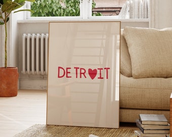 Detroit Michigan Print Detroit MI Art Michigan Wall Art Detroit Poster Michigan Decor Minimalist Heart Print Digital Download 1 Print