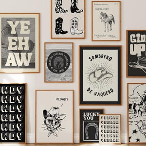 Láminas artísticas retro del oeste, decoración de pared vintage para galería de vaqueros (descarga digital, juego de 12)