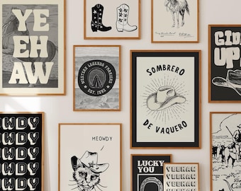 Láminas artísticas retro del oeste, decoración de pared vintage para galería de vaqueros (descarga digital, juego de 12)