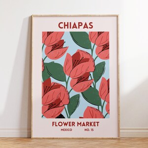 Impresión del mercado de flores de Chiapas, regalo de Chiapas, México, arte mural botánico rosa, póster de Chiapas, impresión de flores mexicanas, descarga digital, 1 impresión