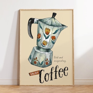 Retro Coffee Print Unikalna sztuka ścienna z kawą Miłośnicy kawy Plakat Vintage Kitchen Decor Coffee Cart Print Kawa Cyfrowe pobieranie 1 wydruk
