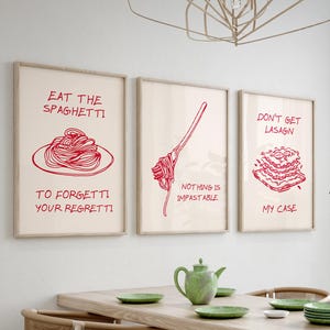 Pasta Art Prints Italian Food Wall Art Trendy Kitchen Decor Pasta Posters Funky Food Art Spaghetti Print Digital Download Set of 3