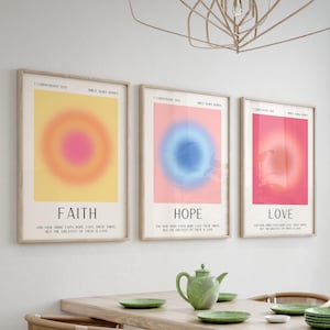 Modern Christian Print Set Scriptural Wall Art Christian Aura Posters Colorful Bible Verse Art Digital Download 1 Corinthians 13:13 Art