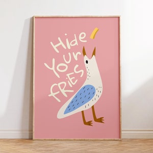 Impresión divertida de gaviota, lindo póster de playa, arte de pared oceánico, decoración costera de moda, impresión de papas fritas, linda decoración de casa de playa, descarga digital 1 impresión