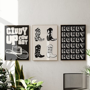 Western Art Prints Vintage Cowboy Art Wild West Art Retro Cowgirl Prints Western Gallery Wall Set Black Wall Art Digital Download Set of 3