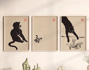 Japanese Prints Cat Posters Frog Prints Vintage Art Japanese Frog Jumping In Water Wall Decor Modern Art Prints Digital Download Set of 3