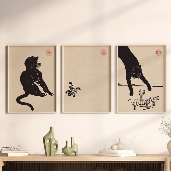 Japanese Prints Cat Posters Frog Prints Vintage Art Japanese Frog Jumping In Water Wall Decor Modern Art Prints Digital Download Set of 3