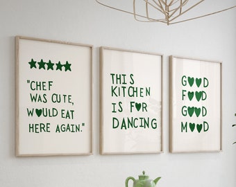 Aesthetic Kitchen Decor Minimalist Heart Posters Trendy Chef Wall Art Cute Cooking Art Prints Green Kitchen Art Digital Download Set of 3