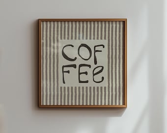Retro Coffee Print, Hand-drawn Kitchen Decor, Neutral Striped Wall Art (Digital Download, SQUARE)