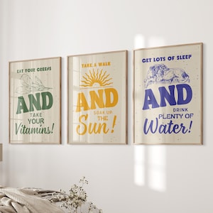 Impresiones de arte retro Arte motivacional vintage Carteles de salud mental Arte de pared vintage Eat Your Greens Cita Impresiones Descarga digital Conjunto de 3