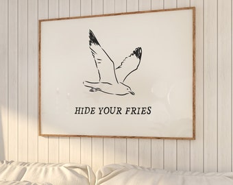 Funny Seagull Print: Beach House Coastal Wall Art - 'Hide Your Fries' (Digital Download, Horizontal)