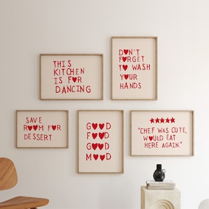 Kitchen Art Print Set: Heart Typography, Cooking Quotes (Digital Download, Set of 5)