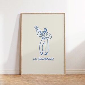 Bartender Print French Bar Decor La Barmaid Poster Preppy Bar Cart Wall Art Cute Cocktail Art Blue Hand Drawn Print Digital Download 1 Print