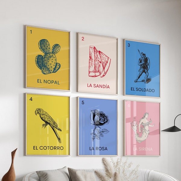 Mexican Loteria Prints Mexico Art Prints Mexico Wall Art Mexico Travel Posters Mexican Art Mexican Decor Loteria Digital Download Set of 6