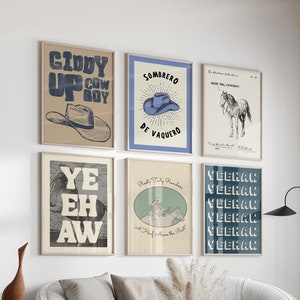 Vintage Western Art Prints Cowboy Art Western Gallery Wall Set Blue ...