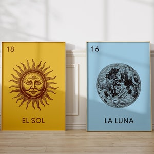 Mexicaanse Loteria Prints Mexicaanse kunst Vintage Sun Poster Moon Print Mexico Wall Art Mexicaanse Decor Hemelse Kunst Digitale Download Set van 2