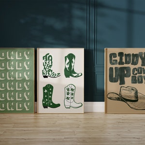 Retro gröna westernkonsttryck: Cowgirldekor, set om 3 (digital nedladdning)