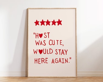 Funny Guest Room Decor Print, Vacation Home Wall Art: Five Star Host Review (Digital Download)