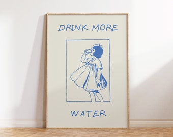 Cute Water Print Self Care Poster Trendy Vintage Girl Wall Art Retro Water Poster Blue Glass of Water Print Digital Download 1 Print