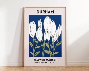 Durham North Carolina Flower Market Art Prints, Set of 1, Blue Durham Floral Poster, Durham NC Wall Art Print, Digital Download