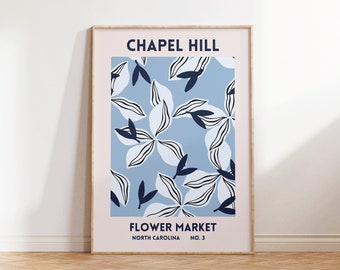 Chapel Hill North Carolina Flower Market Art Prints, Set of 1, Blue Chapel Hill Floral Posters, NC Wall Art Print, Digital Download
