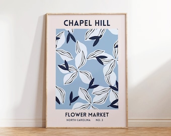 Chapel Hill North Carolina Flower Market Art Prints, Set of 1, Blue Chapel Hill Floral Posters, NC Wall Art Print, Digital Download