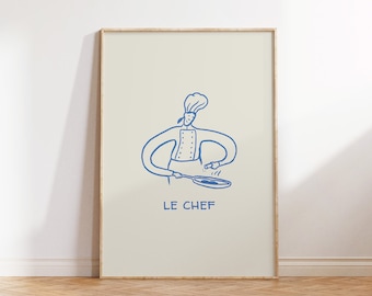 Minimalist Kitchen Decor Blue Chef Art Print Cute Cooking Poster Kitchen Wall Art Print Le Chef Poster French Decor Digital Download 1 Print