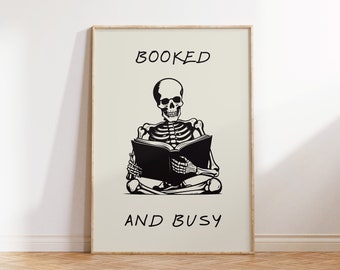 Booked and Busy Print Skeleton Reading Poster Funny Halloween Wall Art Book Poster Retro Skeleton Decor Digital Download 1 Print